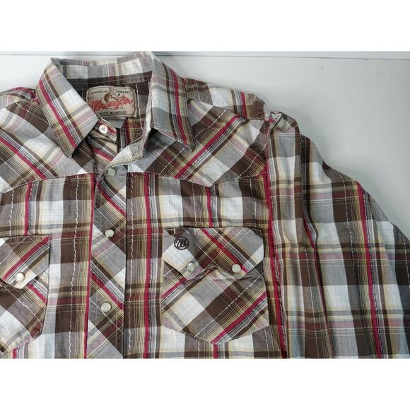 Wrangler Mens Medium Long Sleeve Brown/Red Plaid Pearl Snap Shirt - Picture 2 of 9